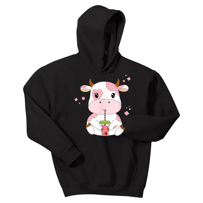 Strawberry Milk Cute Kawaii Aesthetic Pink Cow Print Kids Hoodie