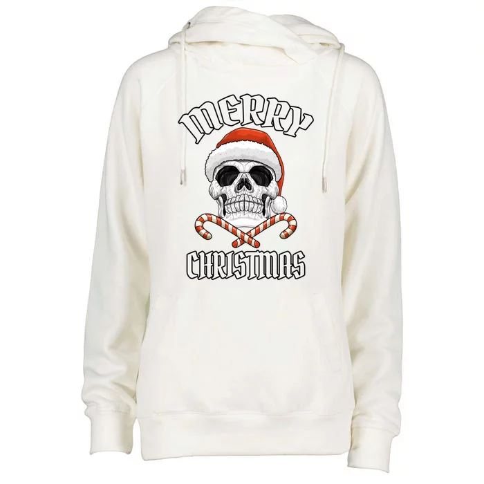 Skull Merry Christmas Gift Skeleton Funny Santa Rocker Gift Womens Funnel Neck Pullover Hood