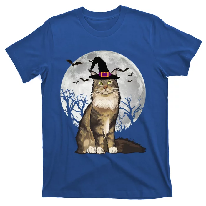 Scary Maine Coon Cat Witch Hat Halloween Gift T-Shirt