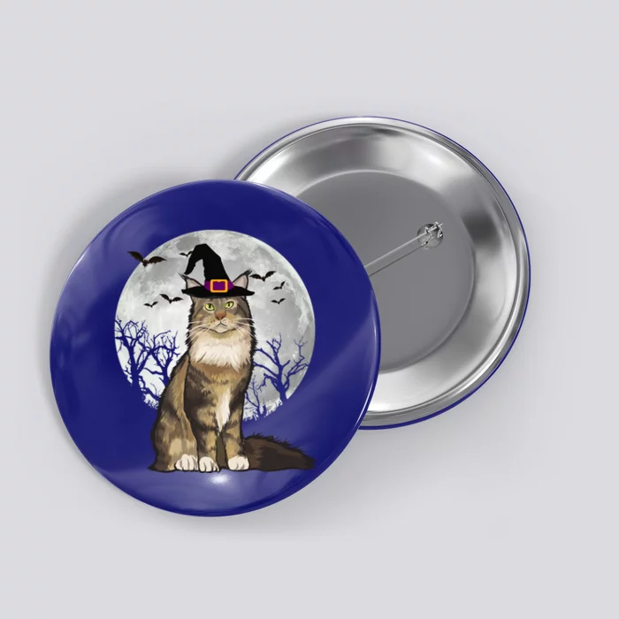 Scary Maine Coon Cat Witch Hat Halloween Gift Button