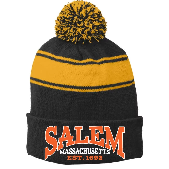 Salem Massachusetts Cute Fall Salem Est 1692 Stripe Pom Pom Beanie