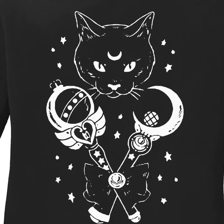 Sailor Meow Cute Moon Cat Space Magic Gothic Halloween Ladies Long Sleeve Shirt