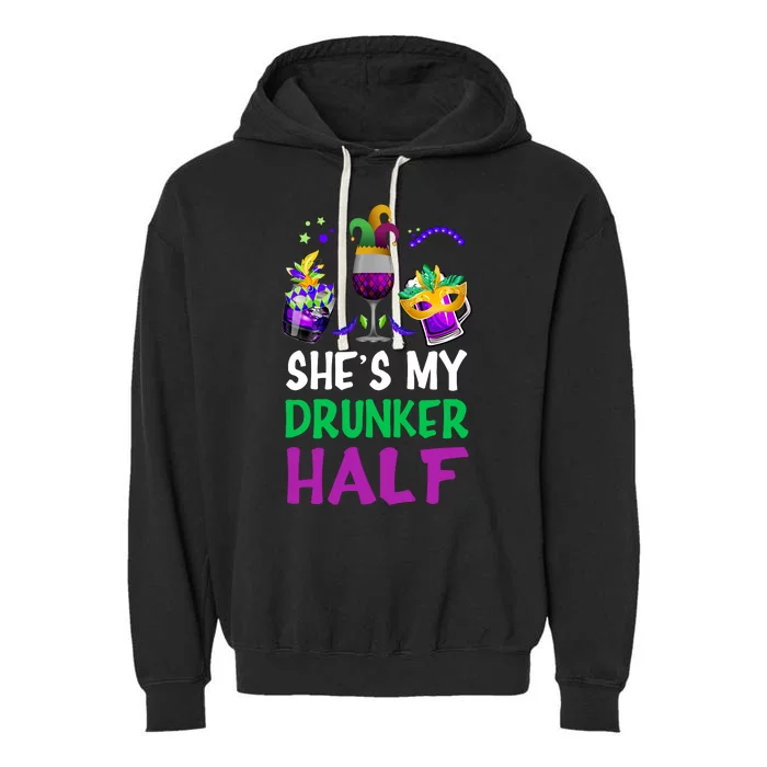 She's My Drunker Half Matching Couple Boyfriend Mardi Gras Garment-Dyed Fleece Hoodie