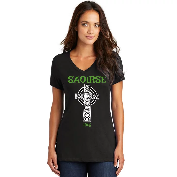 Saoirse meaning Freedom Irish Republican With Celtic Cross Women's V-Neck T-Shirt