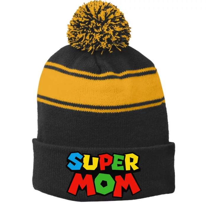 Super Mom Gamer Mothers Day Design Stripe Pom Pom Beanie