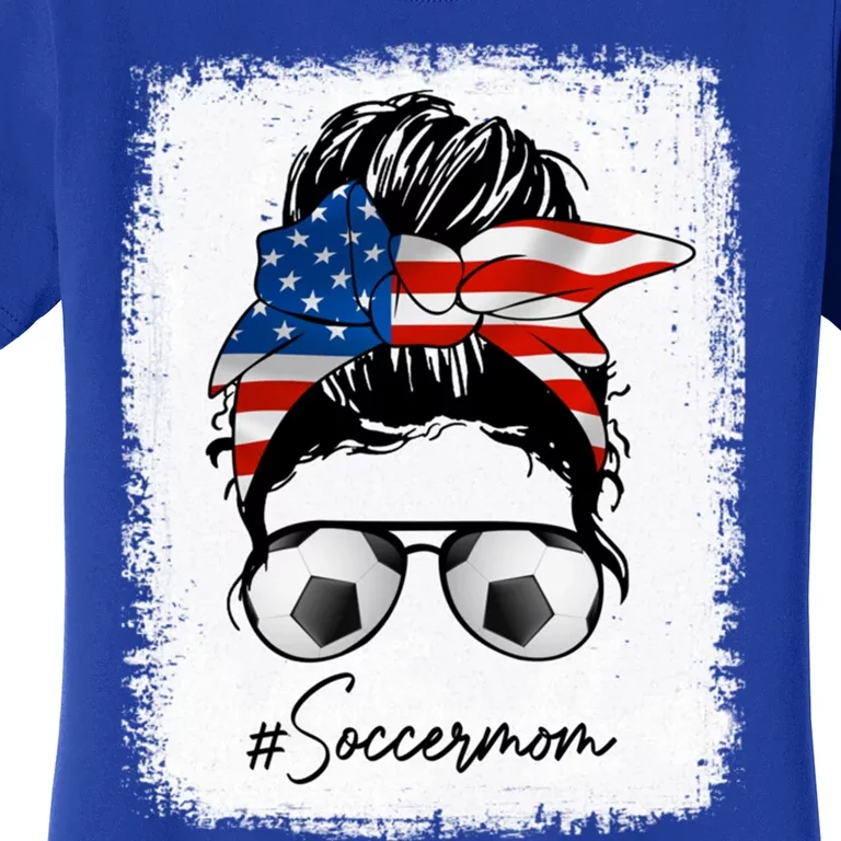 Soccer Mom Gift American Flag Messy Bun Soccer Mom Gift Women's T-Shirt