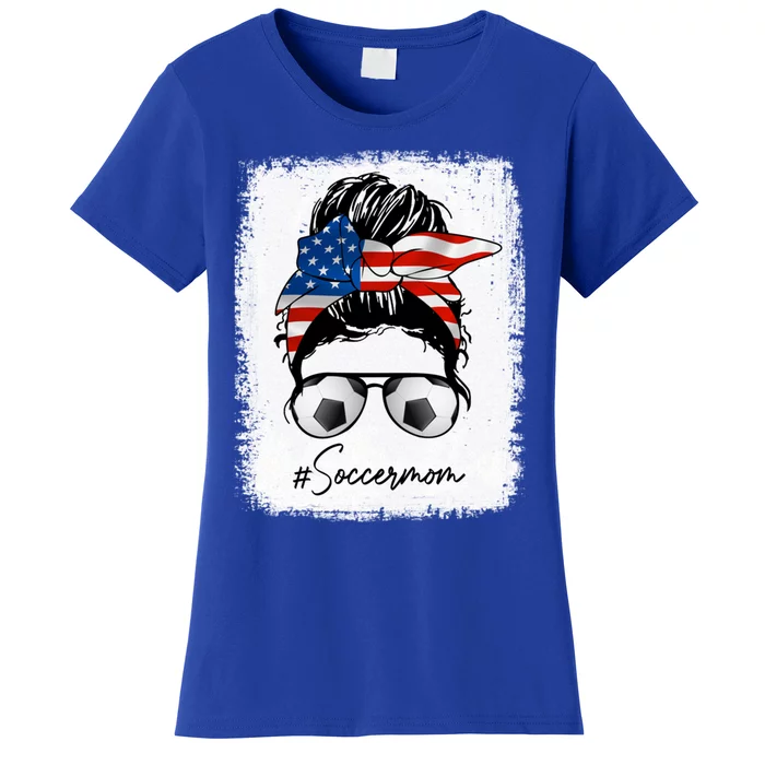 Soccer Mom Gift American Flag Messy Bun Soccer Mom Gift Women's T-Shirt