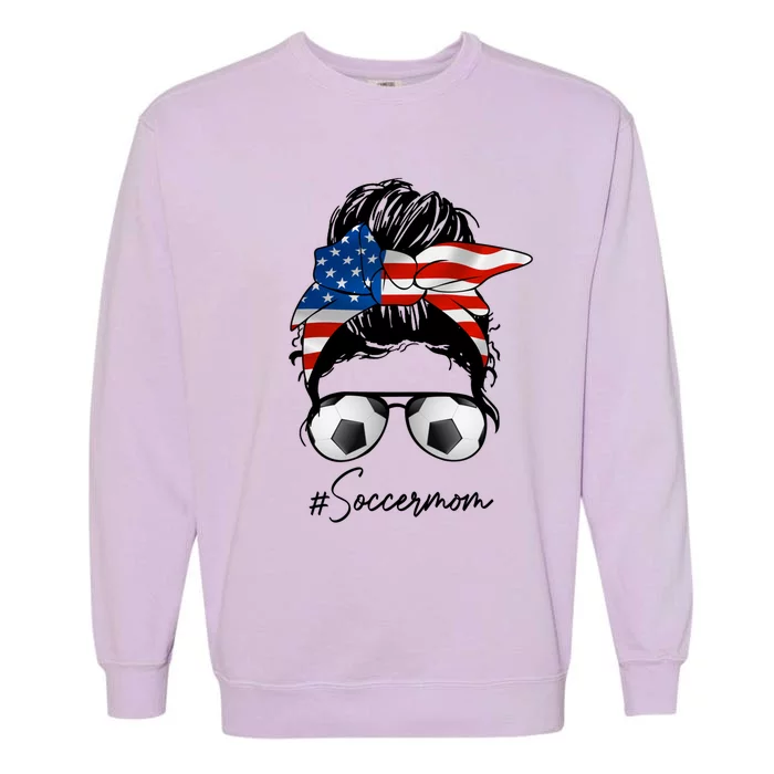 Soccer Mom Gift American Flag Messy Bun Soccer Mom Great Gift Garment-Dyed Sweatshirt