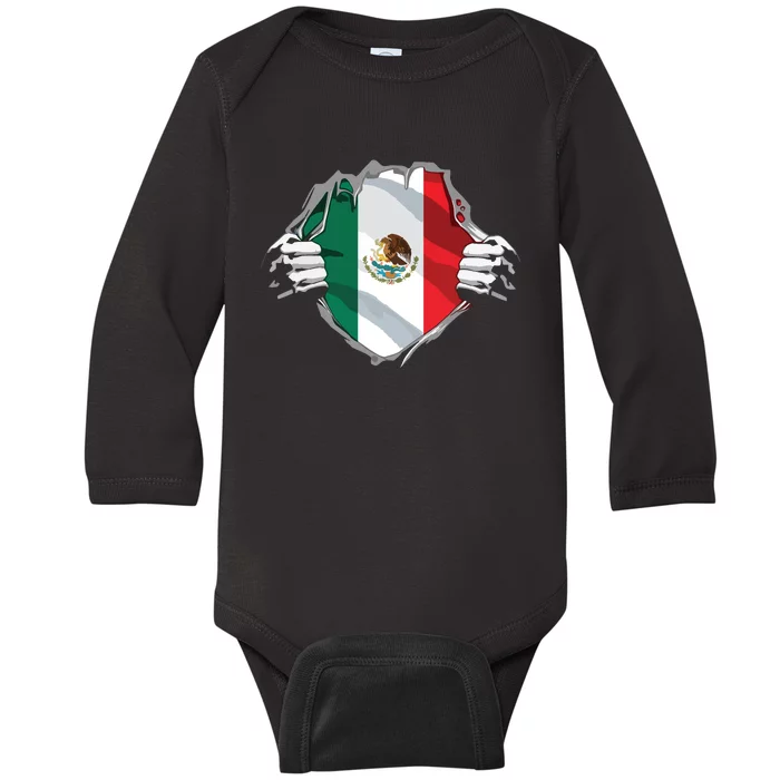 Super Mexican Heritage Proud Mexico Roots Flag Baby Long Sleeve Bodysuit