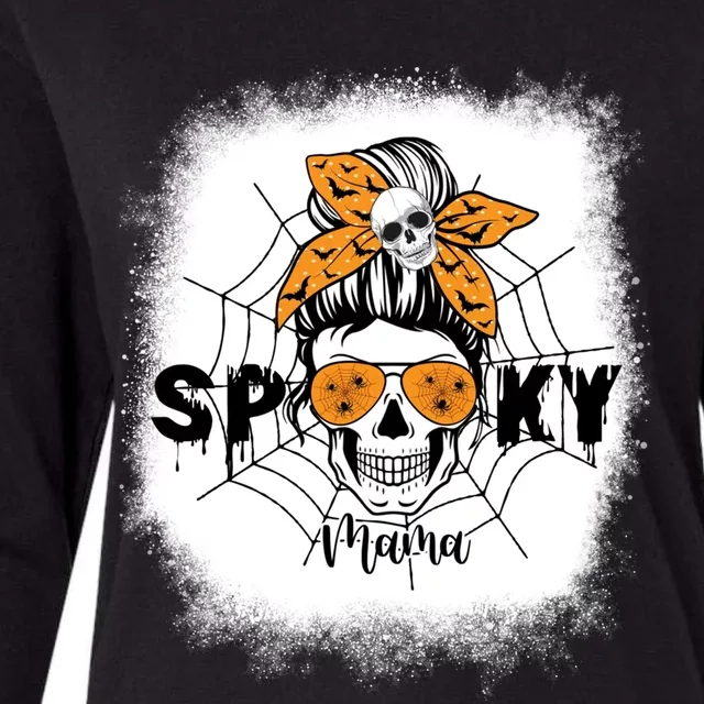 Spooky Mama Halloween Skull Messy Bun Witch Mom Gift Womens Cotton Relaxed Long Sleeve T-Shirt