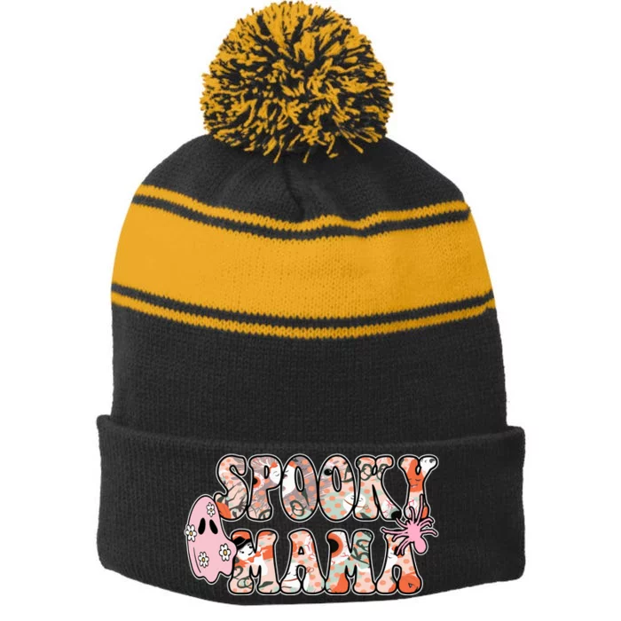 Spooky Mama Halloween Mom Stripe Pom Pom Beanie