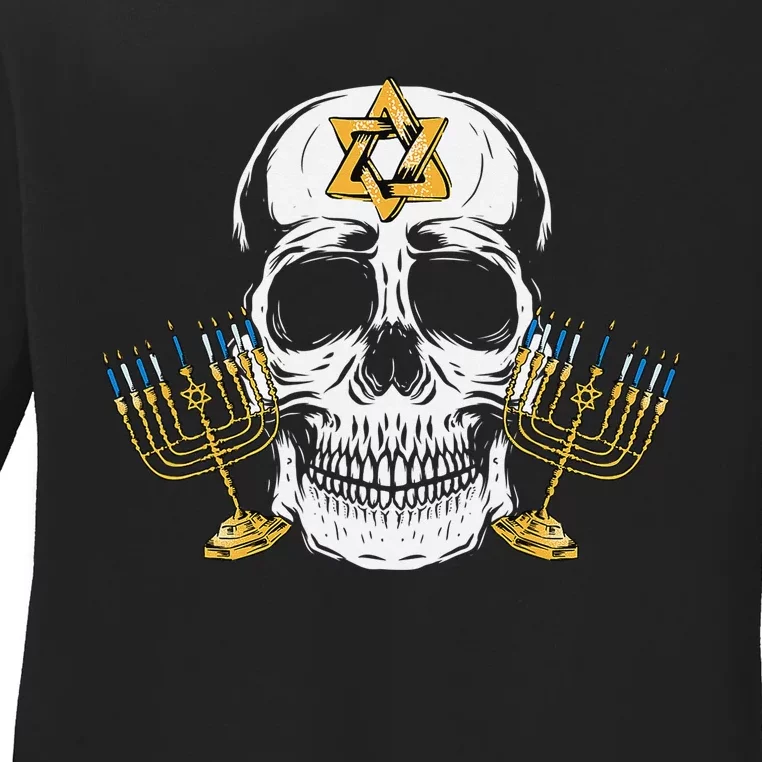 Skull Menorah Hanukkah Cool Skeleton Chanukah Jewish Holiday Ladies Long Sleeve Shirt