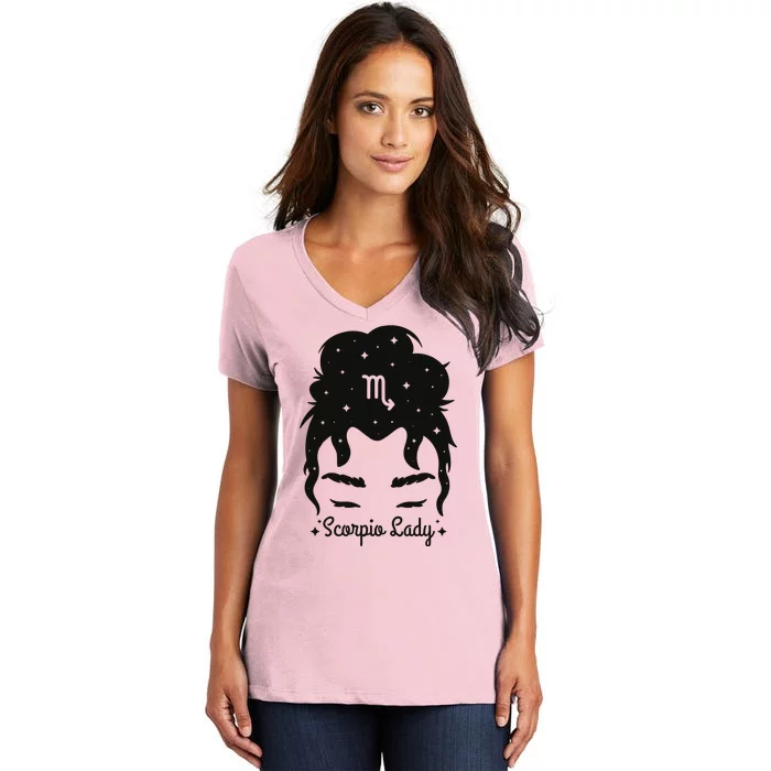 Scorpio Messy Hair Bun Birthday Gift Women's V-Neck T-Shirt