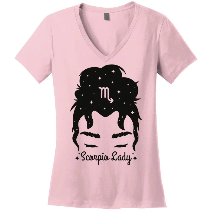 Scorpio Messy Hair Bun Birthday Gift Women's V-Neck T-Shirt