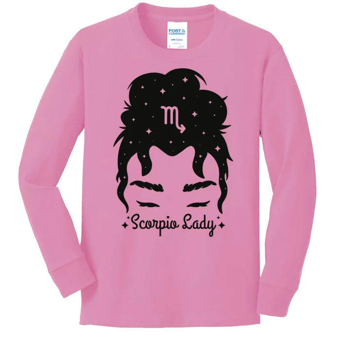 Scorpio Messy Hair Bun Birthday Gift Kids Long Sleeve Shirt