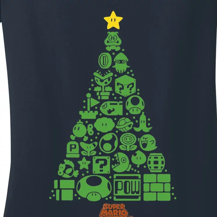 S.U.P.E.R M.A.R.I.O Item Characters Christmas Tree Graphic Short Sleeve Black Women's V-Neck T-Shirt