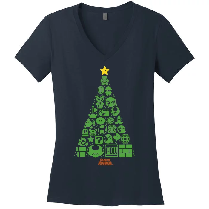 S.U.P.E.R M.A.R.I.O Item Characters Christmas Tree Graphic Short Sleeve Black Women's V-Neck T-Shirt