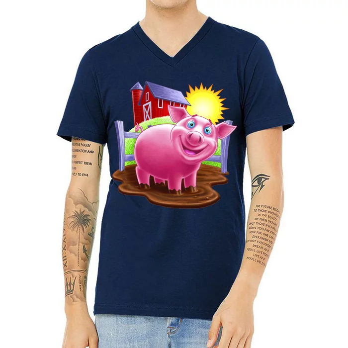 Smiling Farm Pig V-Neck T-Shirt