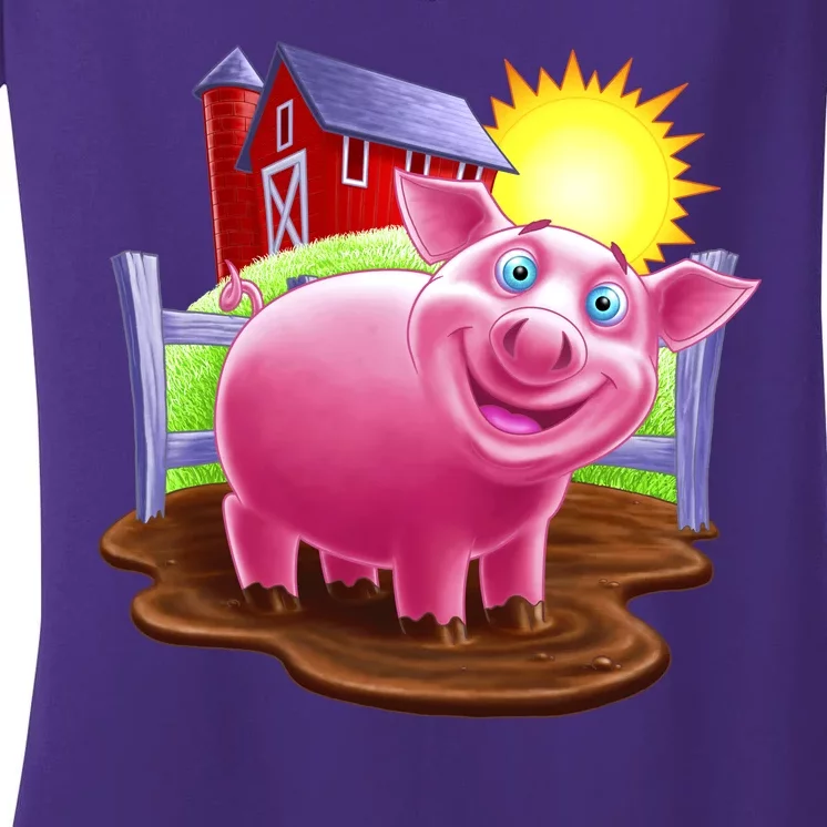 Smiling Farm Pig Women's V-Neck T-Shirt