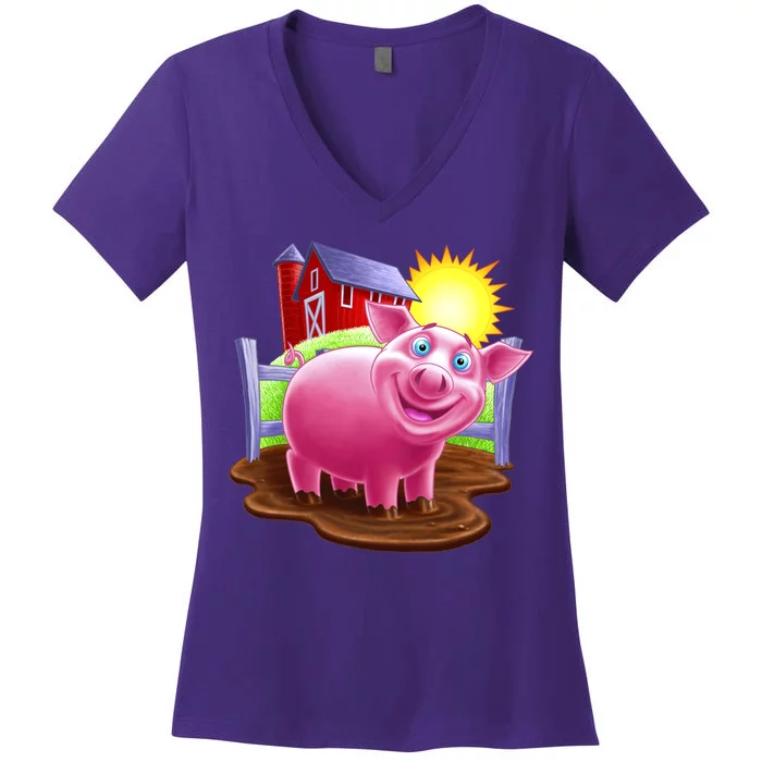 Smiling Farm Pig Women's V-Neck T-Shirt