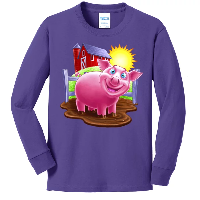 Smiling Farm Pig Kids Long Sleeve Shirt