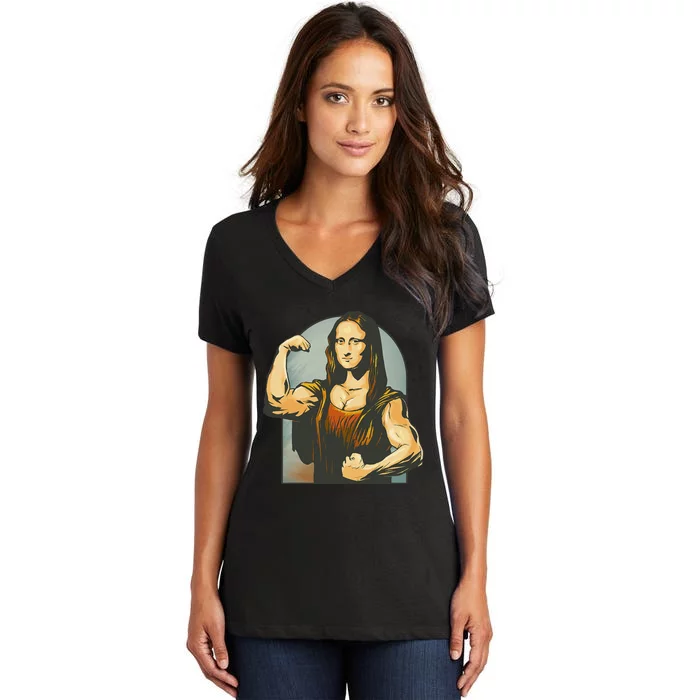 Strong Mona Lisa Leonardo Da Vinci Motiv Bodybuilding Body Women's V-Neck T-Shirt