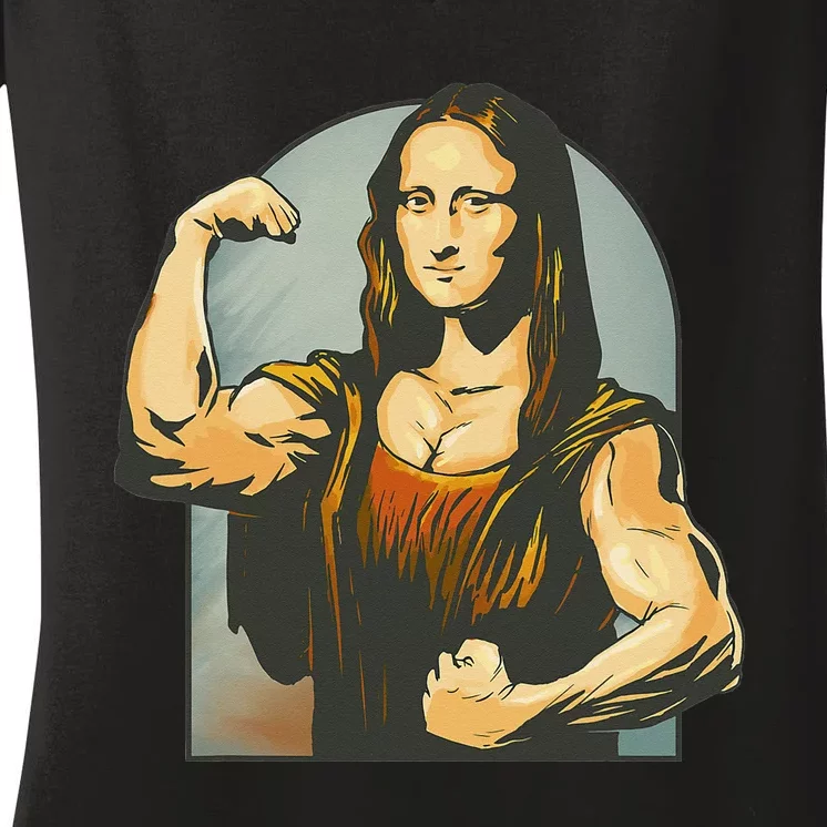 Strong Mona Lisa Leonardo Da Vinci Motiv Bodybuilding Body Women's V-Neck T-Shirt