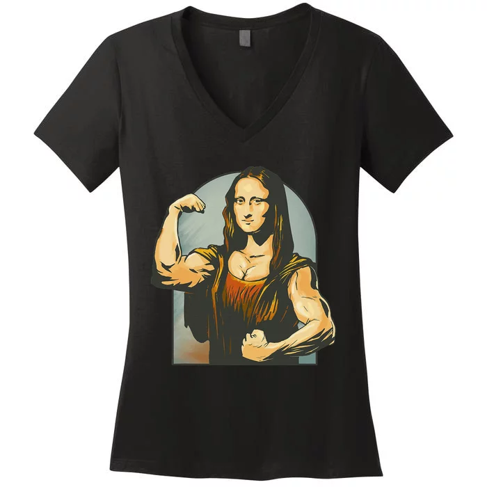 Strong Mona Lisa Leonardo Da Vinci Motiv Bodybuilding Body Women's V-Neck T-Shirt