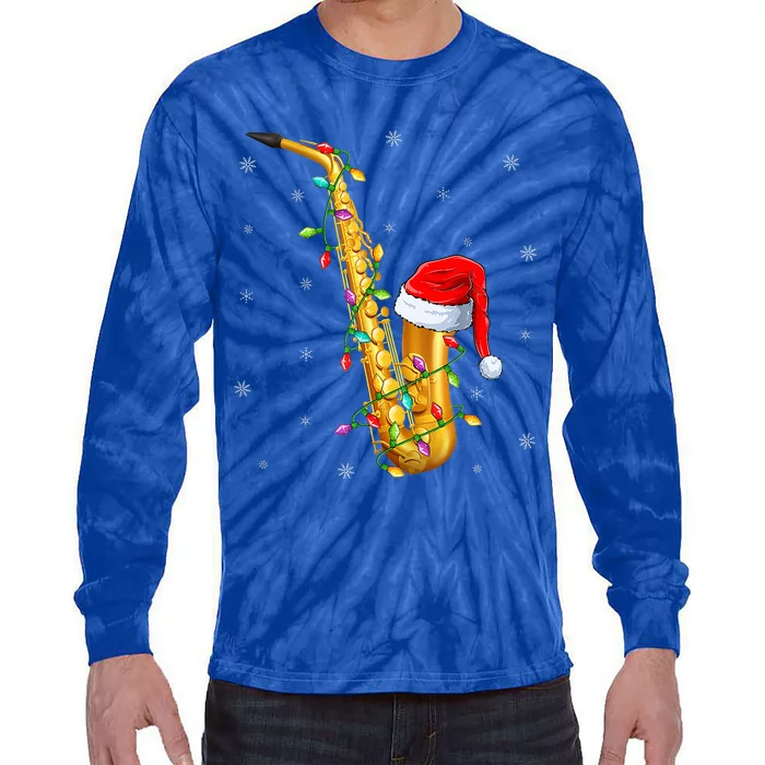 Saxophone Music Lover Xmas Lights Santa Saxophone Christmas Tie-Dye Long Sleeve Shirt