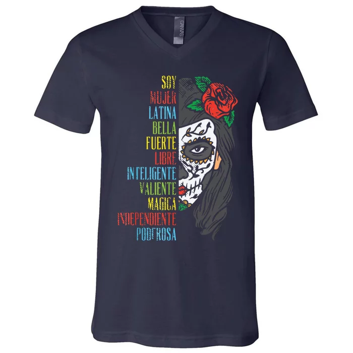 Soy Mujer Latina Sugar Skull Women Cinco De Mayo Hispanic V-Neck T-Shirt