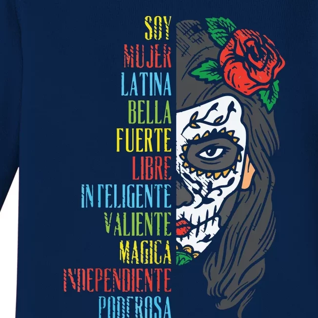 Soy Mujer Latina Sugar Skull Women Cinco De Mayo Hispanic Baby Long Sleeve Bodysuit