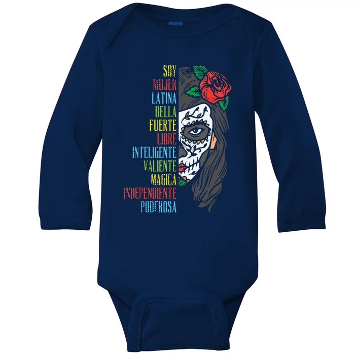 Soy Mujer Latina Sugar Skull Women Cinco De Mayo Hispanic Baby Long Sleeve Bodysuit