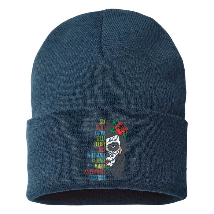 Soy Mujer Latina Sugar Skull Women Cinco De Mayo Hispanic Sustainable Knit Beanie