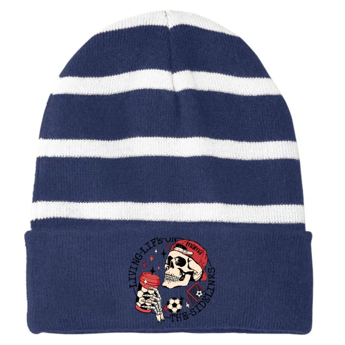 Soccer Mama Living Life On The Sidelines Skeleton Coffee Striped Beanie with Solid Band