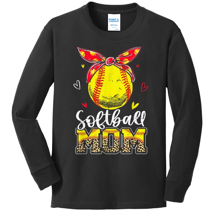 Softball Mom Leopard Headband Softball Ball Mothers Day Mama Kids Long Sleeve Shirt