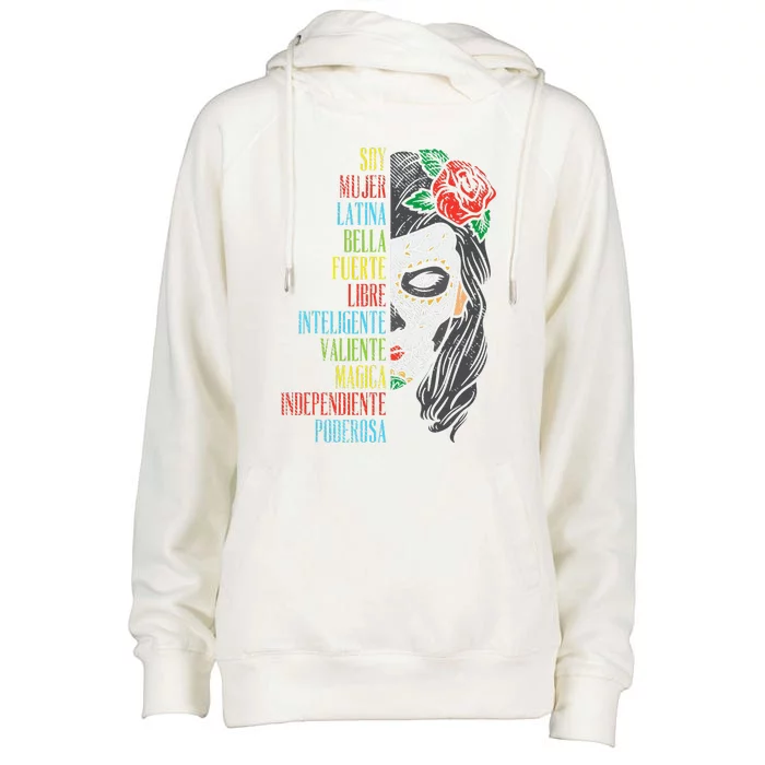 Soy Mujer Latina Sugar Skull Women Cinco De Mayo Hispanic Womens Funnel Neck Pullover Hood