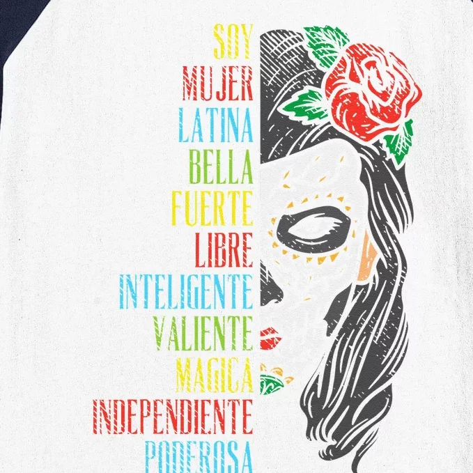 Soy Mujer Latina Sugar Skull Women Cinco De Mayo Hispanic Baseball Sleeve Shirt