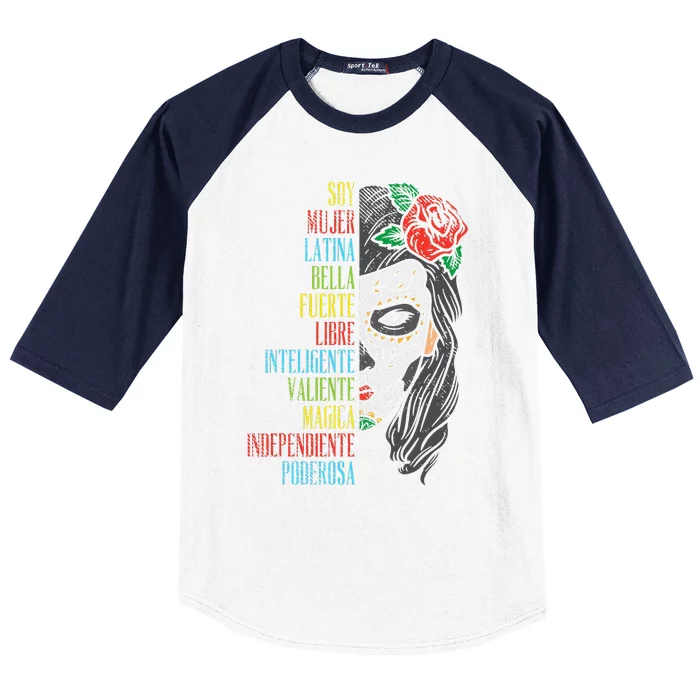 Soy Mujer Latina Sugar Skull Women Cinco De Mayo Hispanic Baseball Sleeve Shirt