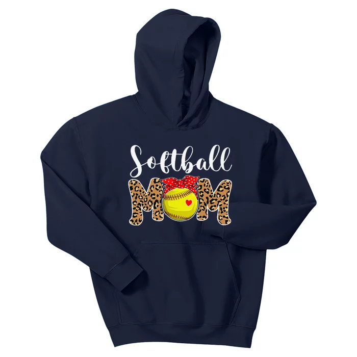 Softball Mom Leopard Messy Bun Game Day Funny Mothers Day Kids Hoodie