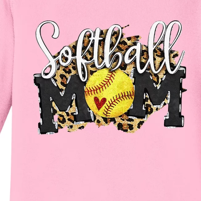 Softball Mom Leopard Funny Baseball Mom MotherS Day 2024 Baby Long Sleeve Bodysuit