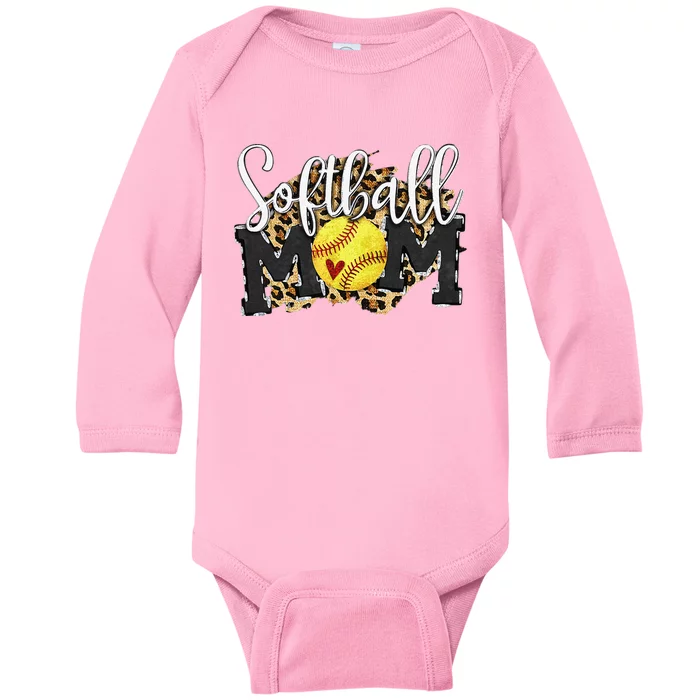 Softball Mom Leopard Funny Baseball Mom MotherS Day 2024 Baby Long Sleeve Bodysuit