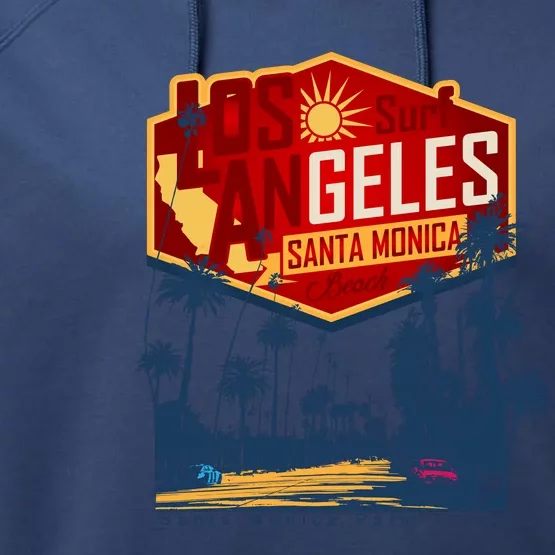 Santa Monica LA Los Angeles Retro Surf Beach Performance Fleece Hoodie