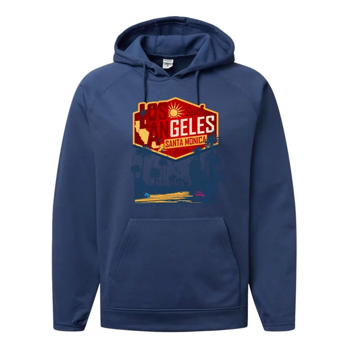 Santa Monica LA Los Angeles Retro Surf Beach Performance Fleece Hoodie