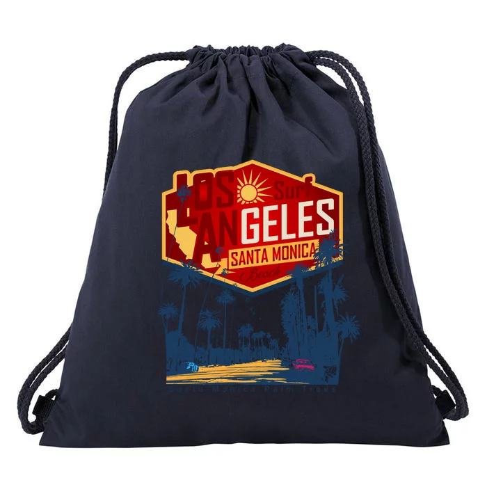 Santa Monica LA Los Angeles Retro Surf Beach Drawstring Bag