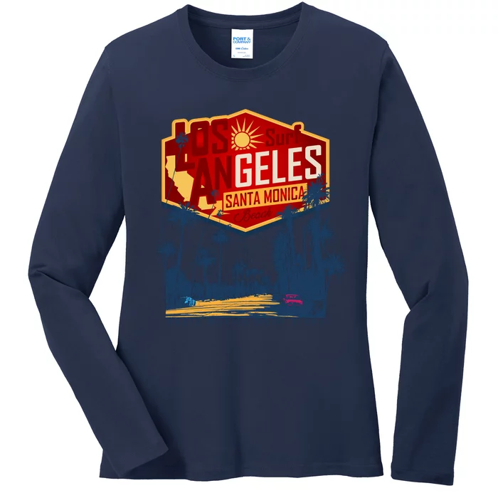 Santa Monica LA Los Angeles Retro Surf Beach Ladies Long Sleeve Shirt