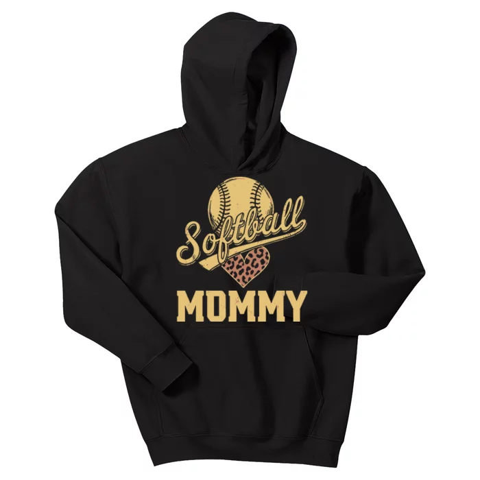 Softball Mommy Leopard Heart Softball Ball Kids Hoodie