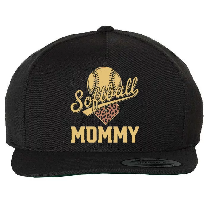 Softball Mommy Leopard Heart Softball Ball Wool Snapback Cap