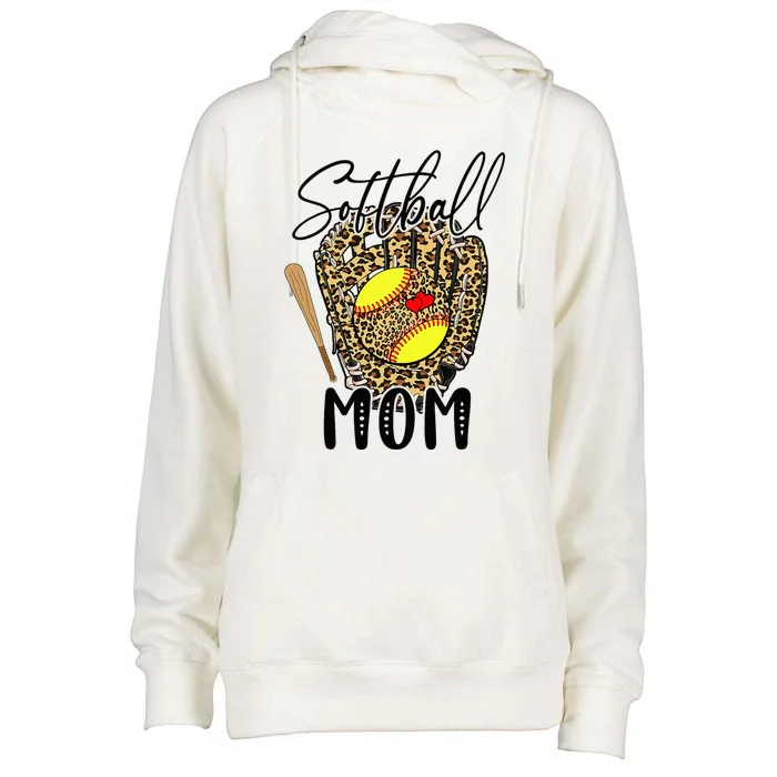 Softball Mom Leopard Game Day Softball Lover Mothers Day Womens Funnel Neck Pullover Hood