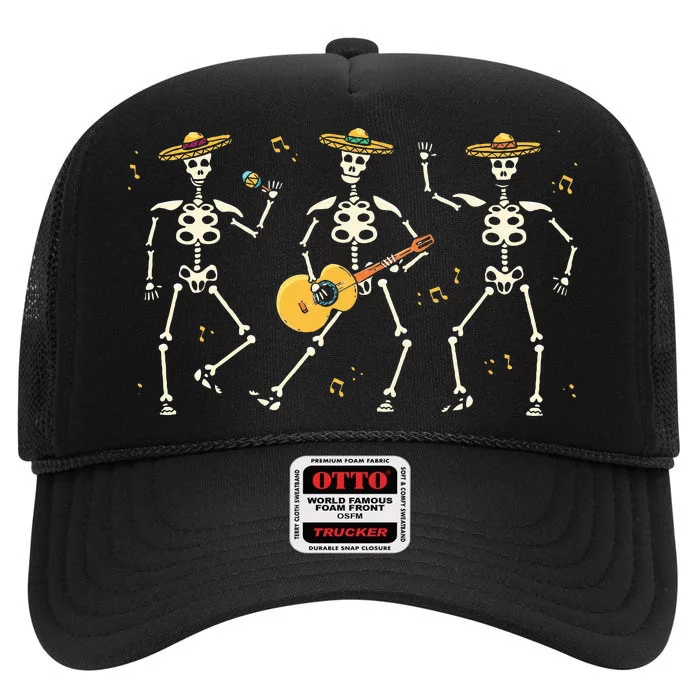 Skeleton Mariachi Lazy Halloween Costume Mexican Hat Guitar High Crown Mesh Trucker Hat