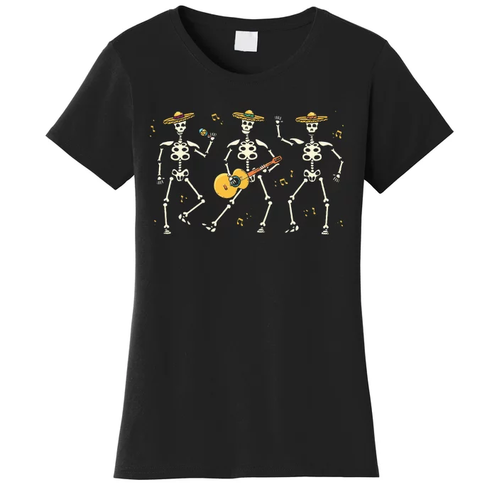 Skeleton Mariachi Lazy Halloween Costume Mexican Hat Guitar Women's T-Shirt